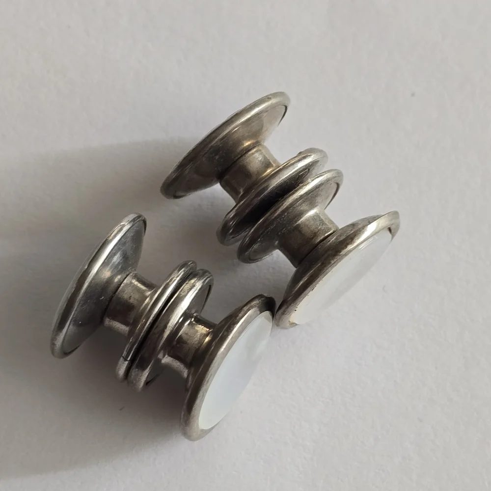 Vintage cuff links silver tone white mother of pearl shell inlay Silver snap